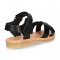 Nappa leather Crossed straps Girl sandal shoes with hook and loop closure.