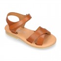 Nappa leather Crossed straps Girl sandal shoes with hook and loop closure.