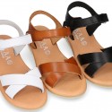 Nappa leather Crossed straps Girl sandal shoes with hook and loop closure.