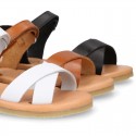 Nappa leather Crossed straps Girl sandal shoes with hook and loop closure.