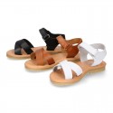 Nappa leather Crossed straps Girl sandal shoes with hook and loop closure.