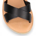 Nappa leather Crossed straps Girl sandal shoes with hook and loop closure.