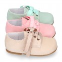 Soft suede leather Classic Kids Laces up shoes in pastel FASHION colors.