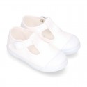 Cotton canvas Kids T-Strap shoes with toe cap.