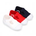 Cotton canvas Kids T-Strap shoes with toe cap.