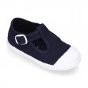 Cotton canvas Kids T-Strap shoes with toe cap.