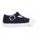 Cotton canvas Kids T-Strap shoes with toe cap.