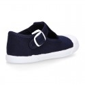 Cotton canvas Kids T-Strap shoes with toe cap.