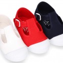 Cotton canvas Kids T-Strap shoes with toe cap.