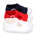 Cotton canvas Kids T-Strap shoes with toe cap.