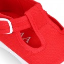 Cotton canvas Kids T-Strap shoes with toe cap.