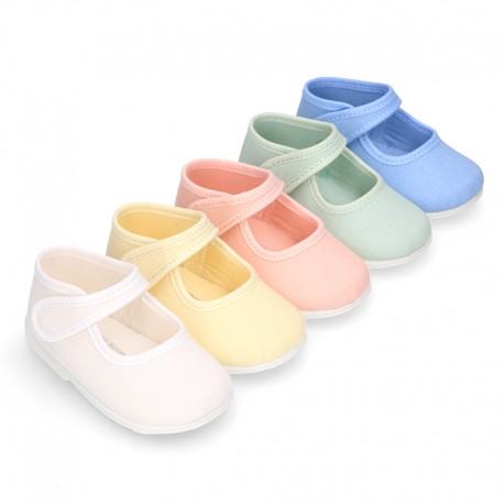 Pastel colors Cotton canvas little Mary Jane shoes with hook and loop closure for babies.