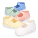 Pastel colors Cotton canvas little Mary Jane shoes with hook and loop closure for babies.