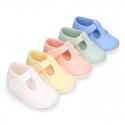 Pastel colors Cotton canvas little T-Strap shoes with hook and loop closure for babies.