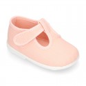 Pastel colors Cotton canvas little T-Strap shoes with hook and loop closure for babies.