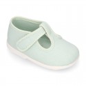 Pastel colors Cotton canvas little T-Strap shoes with hook and loop closure for babies.