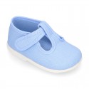 Pastel colors Cotton canvas little T-Strap shoes with hook and loop closure for babies.