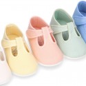 Pastel colors Cotton canvas little T-Strap shoes with hook and loop closure for babies.