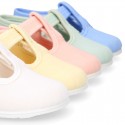 Pastel colors Cotton canvas little T-Strap shoes with hook and loop closure for babies.