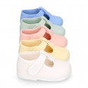 Pastel colors Cotton canvas little T-Strap shoes with hook and loop closure for babies.