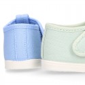 Pastel colors Cotton canvas little T-Strap shoes with hook and loop closure for babies.