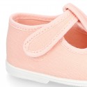 Pastel colors Cotton canvas little T-Strap shoes with hook and loop closure for babies.