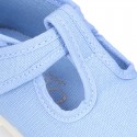 Pastel colors Cotton canvas little T-Strap shoes with hook and loop closure for babies.