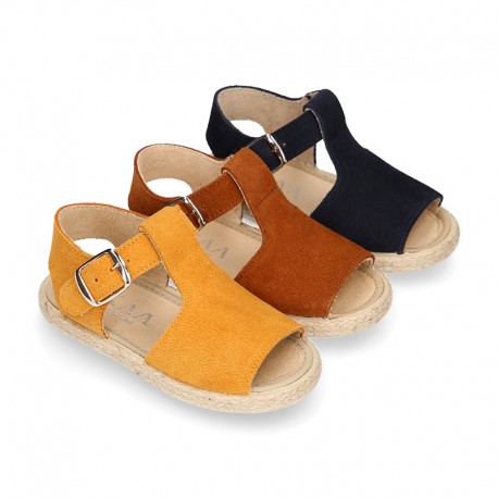 T-Strap design suede leather little kids espadrille shoes SANDAL style.