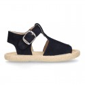 T-Strap design suede leather little kids espadrille shoes SANDAL style.