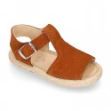 T-Strap design suede leather little kids espadrille shoes SANDAL style.