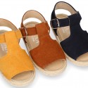 T-Strap design suede leather little kids espadrille shoes SANDAL style.