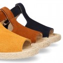 T-Strap design suede leather little kids espadrille shoes SANDAL style.