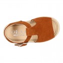 T-Strap design suede leather little kids espadrille shoes SANDAL style.