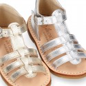 SOFT METAL Nappa leather kids Sandal shoes crossed straps design with SUPER FLEXIBLE soles.