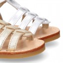 SOFT METAL Nappa leather kids Sandal shoes crossed straps design with SUPER FLEXIBLE soles.