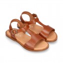 TAN color Nappa Leather T-Strap girl sandal shoes.