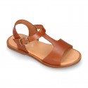 TAN color Nappa Leather T-Strap girl sandal shoes.