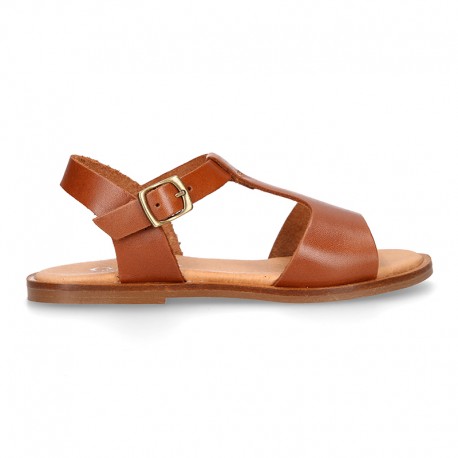 TAN color Nappa Leather T-Strap girl sandal shoes.
