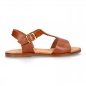 TAN color Nappa Leather T-Strap girl sandal shoes.