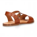 TAN color Nappa Leather T-Strap girl sandal shoes.