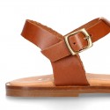 TAN color Nappa Leather T-Strap girl sandal shoes.