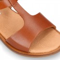 TAN color Nappa Leather T-Strap girl sandal shoes.