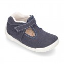 Cotton canvas Kids T-Strap shoes with hook and loop closure, counter and toe cap.