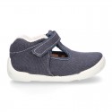 Cotton canvas Kids T-Strap shoes with hook and loop closure, counter and toe cap.