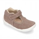 Cotton canvas Kids T-Strap shoes with hook and loop closure, counter and toe cap.