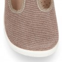 Cotton canvas Kids T-Strap shoes with hook and loop closure, counter and toe cap.