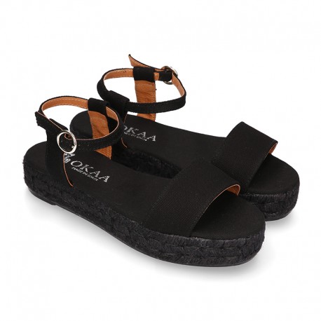 BLACK Cotton canvas women platform espadrille sandal shoes.