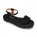 BLACK Cotton canvas women platform espadrille sandal shoes.