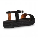 BLACK Cotton canvas women platform espadrille sandal shoes.