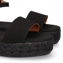 BLACK Cotton canvas women platform espadrille sandal shoes.